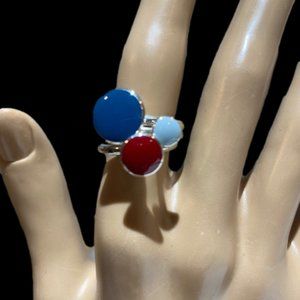 Sterlineg Silver and Red and Blue  Enamel Triple Rings